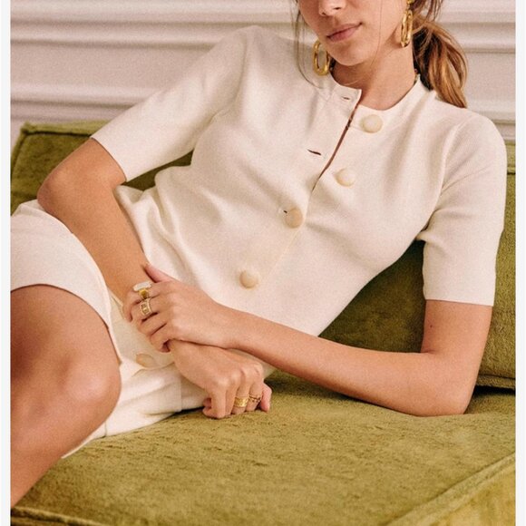 NWT Sezane Ava Mini Dress Small Ecru Ivory Cream Knit Button Front Stretch - Picture 2 of 9